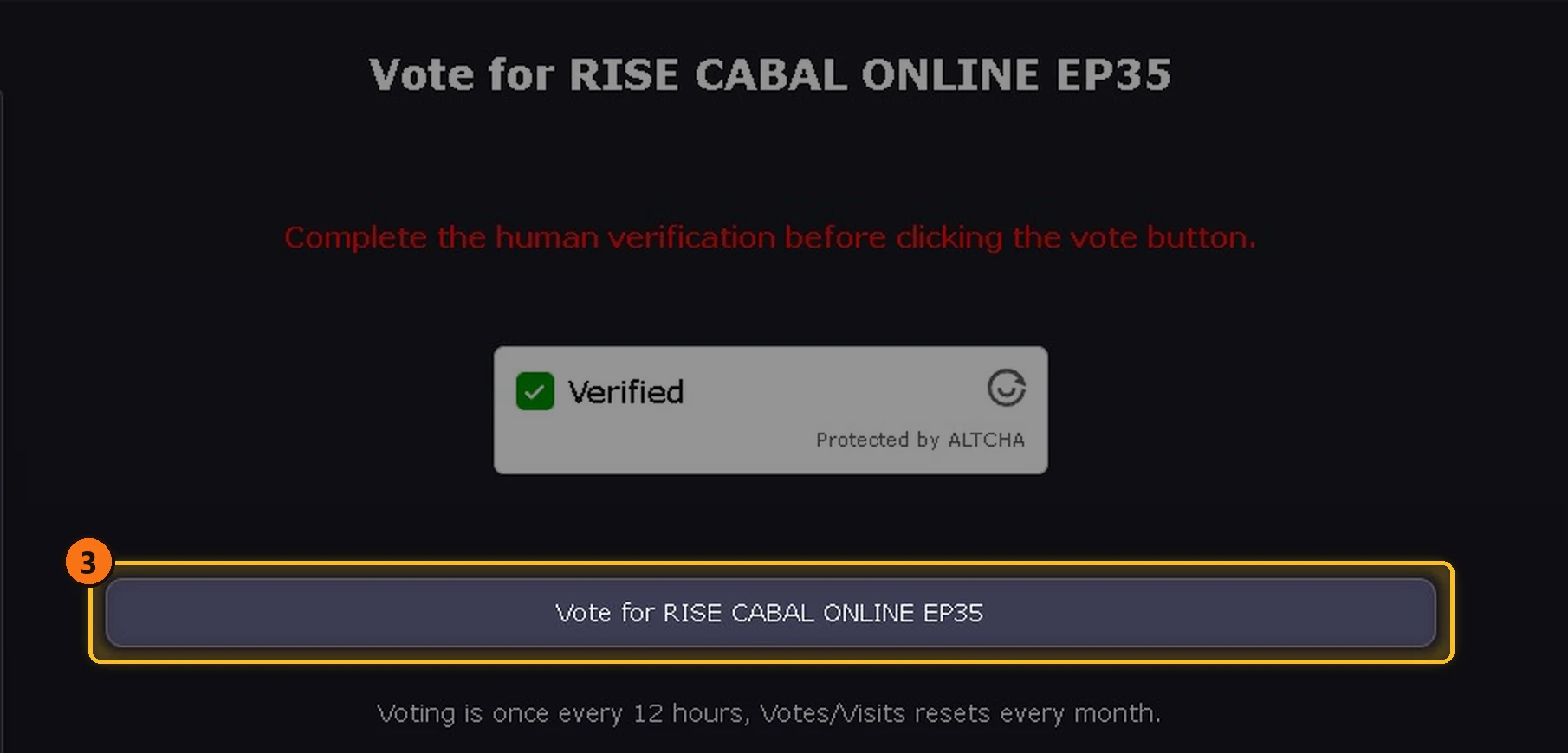 XtremeTop100 vote page with the “Vote for RISE CABAL ONLINE EP35” button highlighted